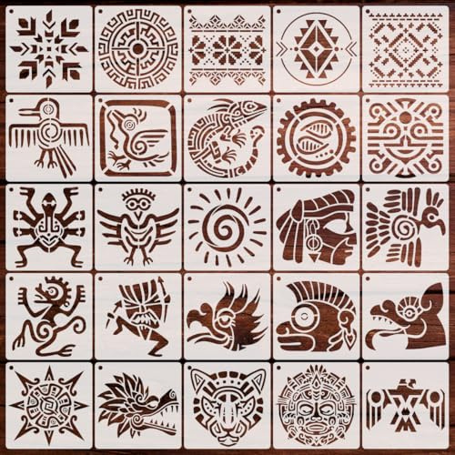 MWOOT 25 Stück Azteken Malschablonen, Stammessymbolmuster Kunststoff Schablonen Vorlagen für Wand Boden Möbel Deko, Schablonen Textilgestaltung, DIY Scrapbooking Karten Handwerk(13x13cm)