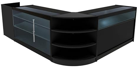 Schwarzes Ladenthekenset Hyperion mit LED-Beleuchtung – K1500 B1500 LM60 TB60 – Abschließbare Schiebetüren, Schlüssel, 3 Verkaufseinheiten, Kassenblock, Glas-Vitrinen, Ecktheke