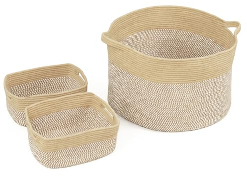 FAMM TASTIC Woven Basket Set 1x Large Laundry Basket (55cm x 35cm) 2x Cotton Rope Storage Basket (33 x 25 x 15cm) Storage Baskets Set for Toy Storage, Towel Storage, Blanket Basket