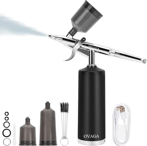 Ovaga Kit de Aerógrafo 32 PSI, Compresor de Aerógrafo Inalámbrico Recargable, Pistola de Airbrush Automática Manual, Juego de Aerógrafo Portátil Inalámbrico para Barberos y Nail Art