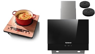 Single Burner Electric Hob Portable Ceramic Hob and Angled Black Cooker Hood 60cm, A++ 500m³/h Recirculating Cooker Hood