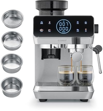 Caso EspressoGourmet & Grind Siebträgermaschine Edelstahl mit Mahlwerk, 20 Bar Ulka Pumpe, Touch-Display, Thermoblock, Vorbrühfunktion, Dampflanze,1,8 l Wassertank, Zubehör