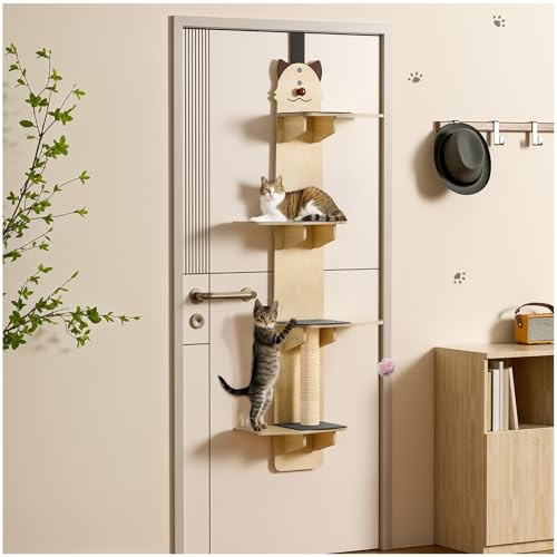 Over Door Cat Tree, 4-Tiers Vertical Cat Shelves for Indoor, Door Hanging Cats Climber with Scratching Post, Cats Perch with Pads & Teaser Ball, Space-Saving Kitten Furniture Beige