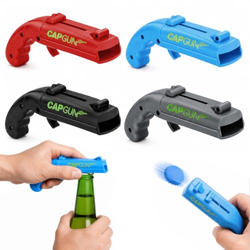 Quelcc 4 Pack Bottle Opener Cap Gun, Beer Cap Launcher for Home Bar Party Pub Games, Funny Shooter Gadget, Novelty Gift for Men Dad Husband with 4 Colours