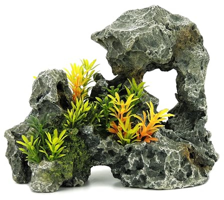 CLASSIC Grey Rock with Plants Aquarium Ornament – Natural Fish Tank Decoration – 240 x145 185mm