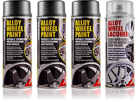 E-TECH AWL-7016 3 x Tecknik Grey 1 x Clear Lacquer Car Alloy Wheel Spray Paint (4 Cans in Total)