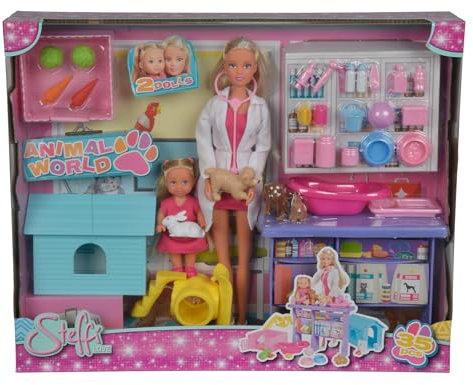 Simba 105733040 - Steffi Love Animal World, Spielpuppen mit 4 Tieren, Tisch, Hundehütte, Hasenstall, Spielplatz und viel Zubehör, 35 Teile, 29cm, 12cm, ab 3 Jahre