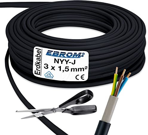 EBROM Erdkabel NYY-J 3x1,5 mm² - Starkstromkabel - PVC Erdleitung - schwarz - Meterware auf den Meter genau - Auswahl in 1 Meter Schritten, viele Längen - NYY-J 3x1,5 mm2 - Ihre Länge: 15 Meter