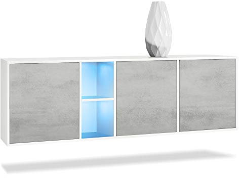 Vladon Commode Cuba - Blanc Mat/Aspect béton oxyde y Compris LED - Buffet Moderne pour Votre Salon - (LxHxP) 182x53x35 cm