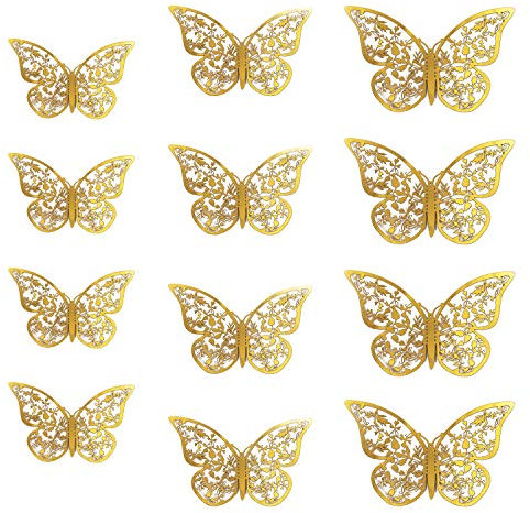 Oblique Unique® 3D Schmetterlinge 12er Set Metall Dekoration inkl. Klebepunkte Wandtattoo Wandsticker Wanddeko in Gold oder Silber - Farbe Wählbar (Gold)
