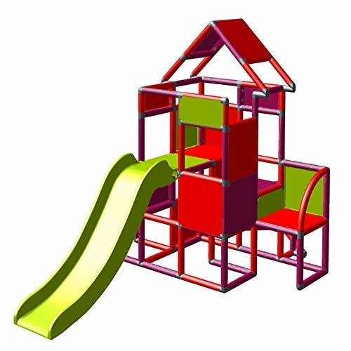 Moveandstic 6013 - großer Spielturm Lisa mit Rutsche und kleinen Anbau (rot-brombeer-apfelgrün)