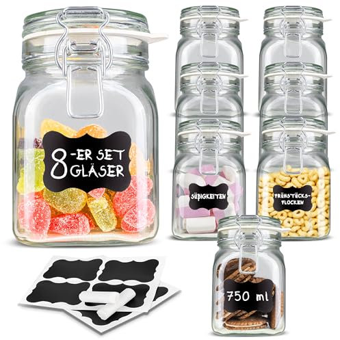 Creative Home Lot de 8 Bocaux en Verre 750ml | Bocal en Verre avec Couvercle Hermétique | Boite conservation alimentaire | Boite Rangement Cuisine | Pot a epices | Inclus des étiquettes et une craie