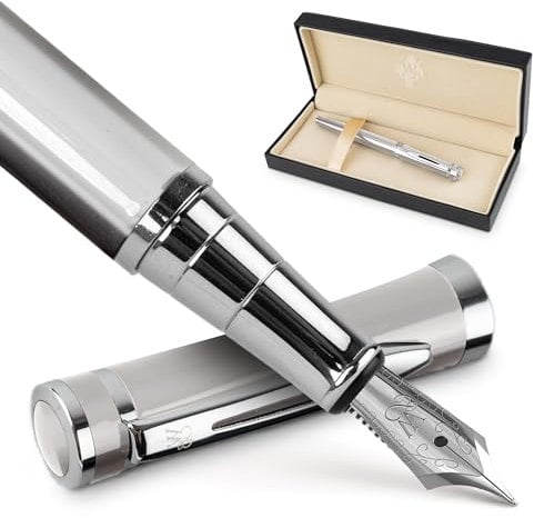 Wordsworth & Black Fountain Pen Set, Medium Nib, Includes 6 Ink Cartridges and Ink Refill Converter, Gift Case, Journaling, Calligraphy, Smooth Writing Pens [Silver Chrome], Perfect for Men and Women