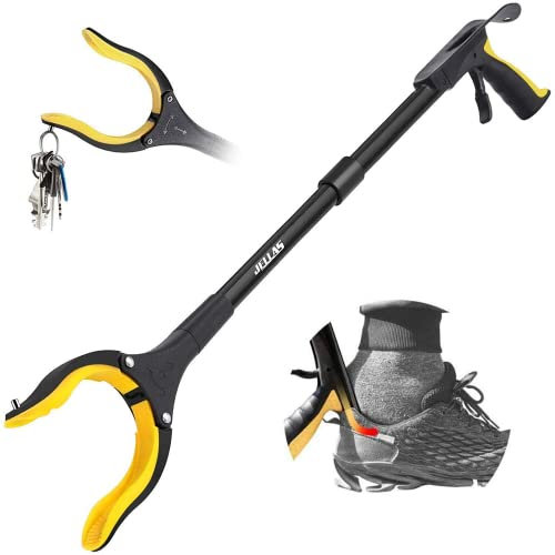Jellas Reacher Grabber Tool, 90° Rotating Head, 32 Foldable Claw Grabber with Shoehorn, Reaching Assist Tool for Trash Pick Up, Litter Picker, Arm Extension (Yellow)