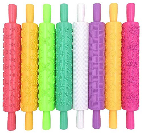 VIONNPPT 8 Set Teigroller Nudelholz mit Muster Prägung, geprägte Nudelhölzer, Für Dekorationen, Fondant, Teig, Mit verschiedenen Mustern in leuchtenden Farben