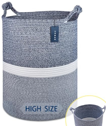 COMSE Extra Large Blanket Basket, Tall Woven Storage Basket, Nursery Hamper, 40 x 55 CM, Cotton Rope Laundry Hamper for Toys Clothes Towels, Blend Navy Blue/White