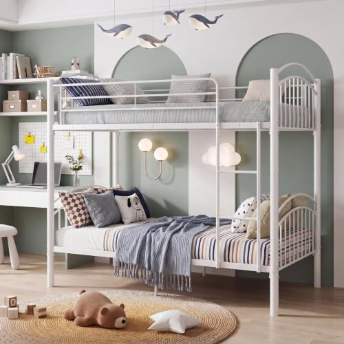 Panana Twin Bunk Beds Metal Bunk Bed Frame with Movable Ladder Steady Metal Slats for Kids Adult Twins,Single Bunk(can split to 2bed),White