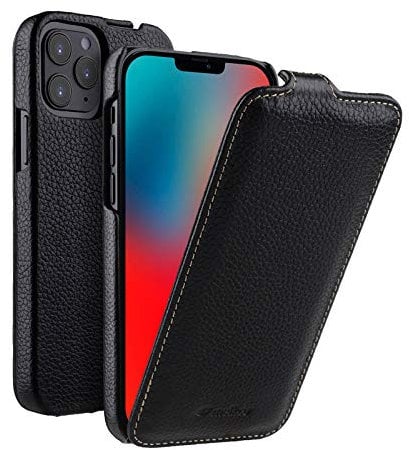 MELCKO Hülle passend für Apple iPhone 12 und iPhone 12 PRO (6,1 Zoll), Handyhülle mit beschichtetem Leder, Flip-Case, Schutzhülle klappbar, dünne Handy-Tasche, Slim Cover, Schwarz