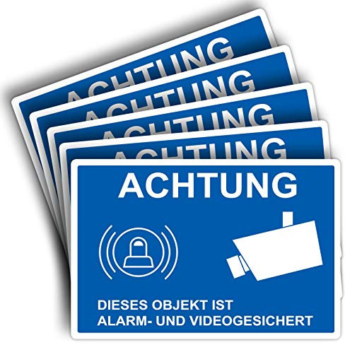 5 Stück Achtung dieses Objekt ist Alarm und Videogesicht Schild 20 x 30 cm aus stabiler PVC Hartschaumplatte 3mm dieser Bereich wird videoüberwacht mit UV-Schutz von STROBO
