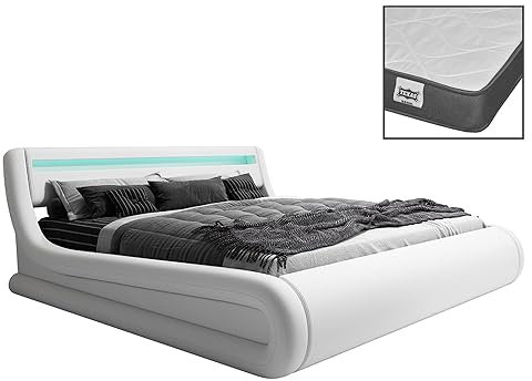 MB Muebles Bonitos | Modernes Doppelbett mit Lattenrost und Stauraum | 180 x 200 cm | Weiß | Holzstruktur mit Kunstlederbezug | Inklusive Matratze | Modell Rodas