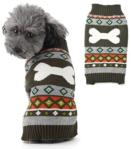 SKXEO Hundepullover mit Knochenmuster, gestrickt, warm, für den Winter, Armee-Grün