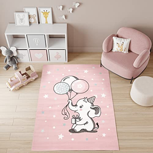 TAPISO Baby Tapis de Chambre Enfant Bébé Fille Garçon Adulte Design Moderne Rose Blanc Gris Bleu Motif Petit Eléphant Ballons Tapis de Jeu Poil Court Fin Doux Résistant 120 x 170 cm