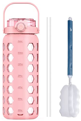 MUKOKO Glas-Wasserflaschen mit Strohhalm und Deckel, motivierender Wasserkrug mit Zeitmarkierung, Erinnerung und Silikonhülle, 100 % auslaufsicher, BPA-frei, Fitness, Sport, große Flasche, Rosa