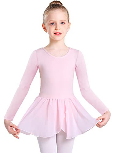 Monbessi Ballettkleidung Mädchen Langarm Ballettkleid Baumwolle Kinder Tanzkleid Ballettanzug Ballett Trikot mit Rock Tütü(150, Rosa)
