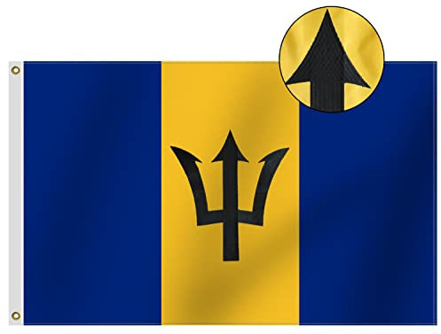 Premium-Barbados-Flagge, 90 x 150 cm, bestickt, schwarzer Dreifachkopf, vierfach genähte Fliegenenden, Barbadian-Flaggen, 90 x 150 cm