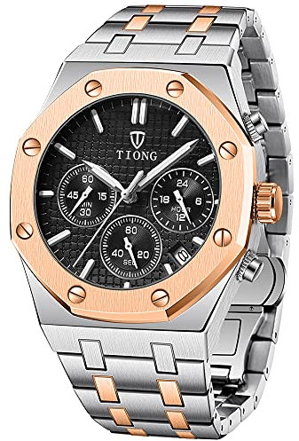 Tiong Sechs Nadel rosa schwarzes Quarzstahlband Business Herrenuhr, Quarzwerk täglich wasserdichte Herrenuhr rosa schwarz,Vatertagsgeschenk