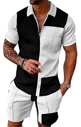 Onsoyours Trainingsanzug für Herren Sommer Sportanzug 2 Teiliges Outfit Sport Set Kurzarm T-Shirts + Kurze Hose Sets Freizeitanzug Männer Business Polo Hemd mit Revers Sporthose A40 XS