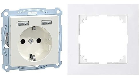 Komplettset Schuko-Steckdosen-Einsatz mit USB Ladegerät, Merten System M-Pure, Polarweiß