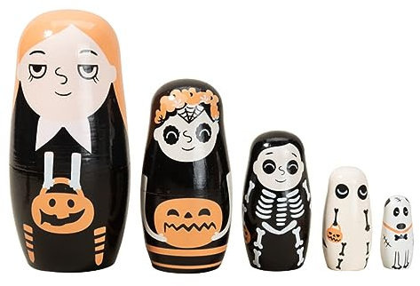 Boerni Set of 5 Halloween Wooden Nesting Doll,Cartoon Skeleton Pumkin Family Black Ghost Handmade Matryoshka Russian Dolls Stacking Toy for Kids Birthday Gift Halloween Party Home Décor