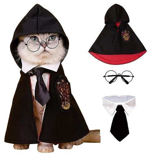ANIAC 3-teiliges Halloween-Hundekostüm, Katzen-Zauberer-Umhang, Brille und Krawatte, Set für Halloween, Welpen, Zauberer, Cosplay, Bekleidung für Kätzchen, Katzen, kleine Hunde (groß, schwarz)