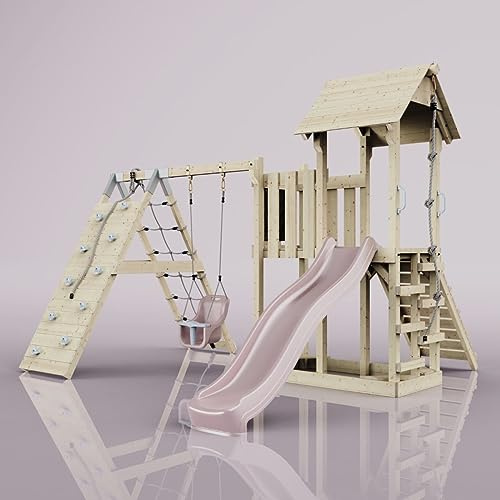 ReboOutdoor Spielturm mit Wellenrutsche, Klettergerüst mit Kletterturm, Kletterwand und Klettwernetz,Altrosa