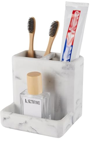 SZYRL Toothbrush Holder for Bathrooms Organizer Countertop Organizer Accessories, with 3 Compartment Storage for Toothbrush Toothpaste Floss Razors, White Imitation Marble Finish Toothbrushholder03