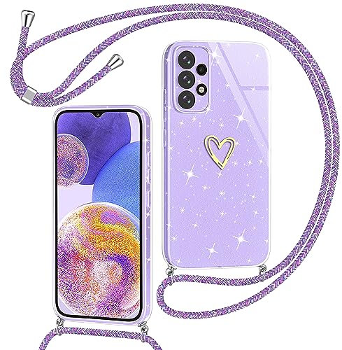 Yichxu Handykette für Samsung Galaxy A23 Hülle mit Band, Glitzer Herz Silikon Handyhülle Kordel zum Umhängen, Schutzhülle mit Kette TPU Stoßfest Handy Necklace Hülle für Samsung A23 4G/5G, Lila