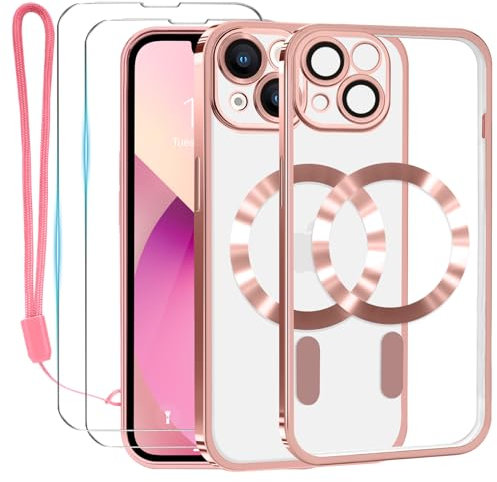 Lafunda Cover Trasparente per iPhone 14, Custodia Compatibile con MagSafe con Protezione Fotocamera e 2 Pezzi di Vetro Temperato, Magnetica Clear Case con Cordino per iPhone 14 Oro Rosa