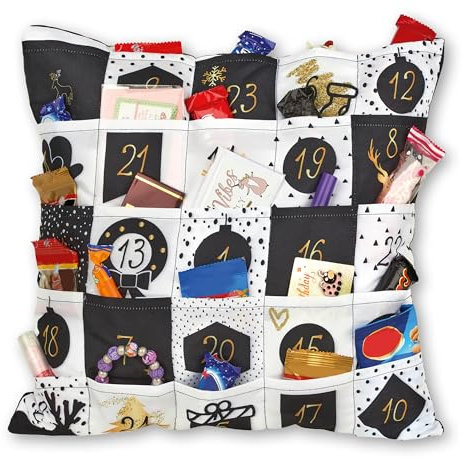 KAMACA Originelles Adventskalender Kissen mit 24 Taschen zum selber Befüllen Größe 40x40 cm tolle Geschenk - Idee zu Weihnachten weich und nachhaltig (Adventskalender Kissen Black/White)