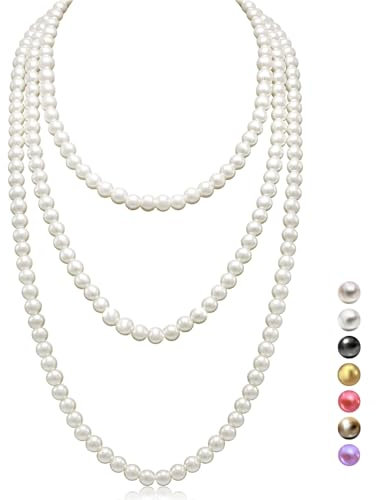 genkigold Lange Perlenkette für Frauen der 1920er Jahre - PARIS - Natürliche Kulturperlen - Luxuriöse 8mm Strangperlen mit Zeitloser Eleganz Länge 180cm(71) - für Jeden Anlass - Cremeweiß