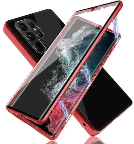 Wigento Für Samsung Galaxy S24 Ultra Beidseitiger 360 Grad Magnet Glas Hülle Handy Tasche Bumper Rot
