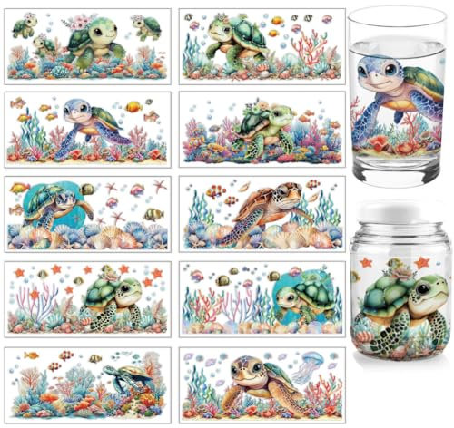 arricraft 10 Blatt UV DTF Cup Wrap, 10 Stile Cartoon Meeresschildkröte Fisch Seetang Abziehbilder PVC Transferaufkleber Wasserfest Abziehbilder Für DIY 16OZ Glas Tassen Möbel Holz