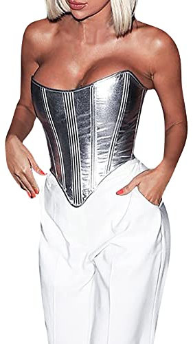 Ärmelloses Sommer-Tanktop für Damen und Mädchen, 2024, Damenmode, metallisch, Tunika, sexy, Unterhemd, Top, Hosenträger-Top, sportlich, bauchfrei, V-Ausschnitt, silber, Large