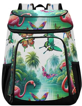 ODAWA Sac à dos isotherme étanche à rayures nautiques pour pique-nique, pêche, randonnée, camping, Papillons, plantes tropicales et flamants roses