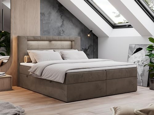 MKS MEBLE Boxspringbett 160x200 mit Led, Polsterbett 160x200 mit LED Kopfteil - Multipocket-Matratze H3 - Doppelbett mit Bettkasten Stauraumbett - Gold-5 - Braun Velvet