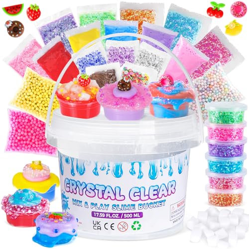 Highttoy Crystal Clear Slime Making Kit, 17 FL OZ Premade Slime Mix Bucket with 26 Add-ins, Super Soft and Non-Sticky, Gifts for Age 6+ Year Old Kids, Party Favors