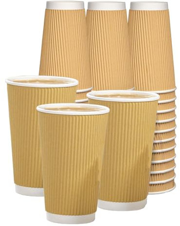 ECONX 16oz Disposable Coffee Cups - Pack of 100 Brown 3-PLY Takeaway Paper Cups for Hot & Cold Drinks - Kraft Ripple Triple Walled Disposable Paper Cups Leak-Proof Durable for Tea, Coffee & Beverages