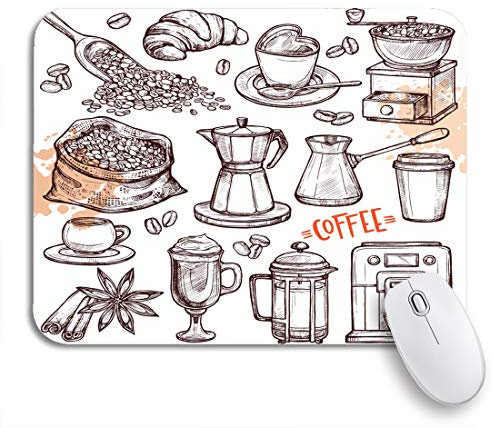 Gaming Mouse Mat Coffee Collection Sketch Turk Cups Beans Croissant Mill Maker Table Mat Durable Gaming Mouse Mat Pad Small Desk Pad, For Office, Desk, 25 x 30cm