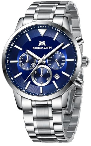 MEGALITH Edelstahl Uhren Herren Chronograph: Analog Armbanduhr Herren Kalender - Kleid Herren Uhr Blau Ziffernblatt Business