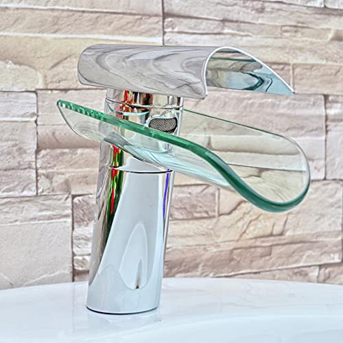 JAYEUW Wasserfall Wasserhahn Glas Ein Loch Wasserfall Wasserhahn Bad Armatur Mischbatterie mit Ein Griff Heiß- und Kaltwasserfacette Einhandmischer Waschbecken Armaturen